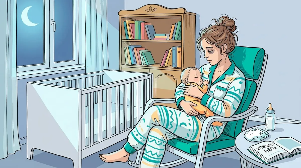 Zmęczona mama kołysze swoje dziecko w przyciemnionym pokoju dziecięcym.