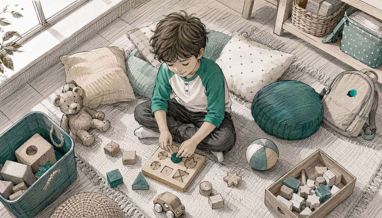 Ilustracja wektorowa przedstawiająca spokojne dziecko bawiące się w pokoju zabaw.