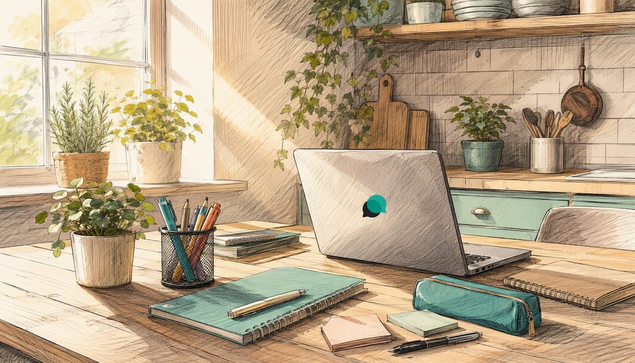 Nowoczesne, minimalistyczne biurko z tabletem i doniczką z rośliną