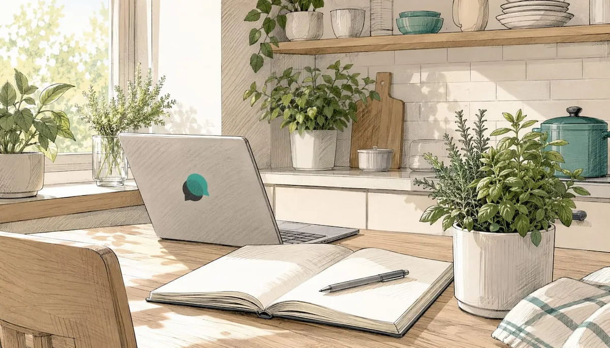 Spokojny domowy kącik z laptopem, przygotowany do sesji terapii online