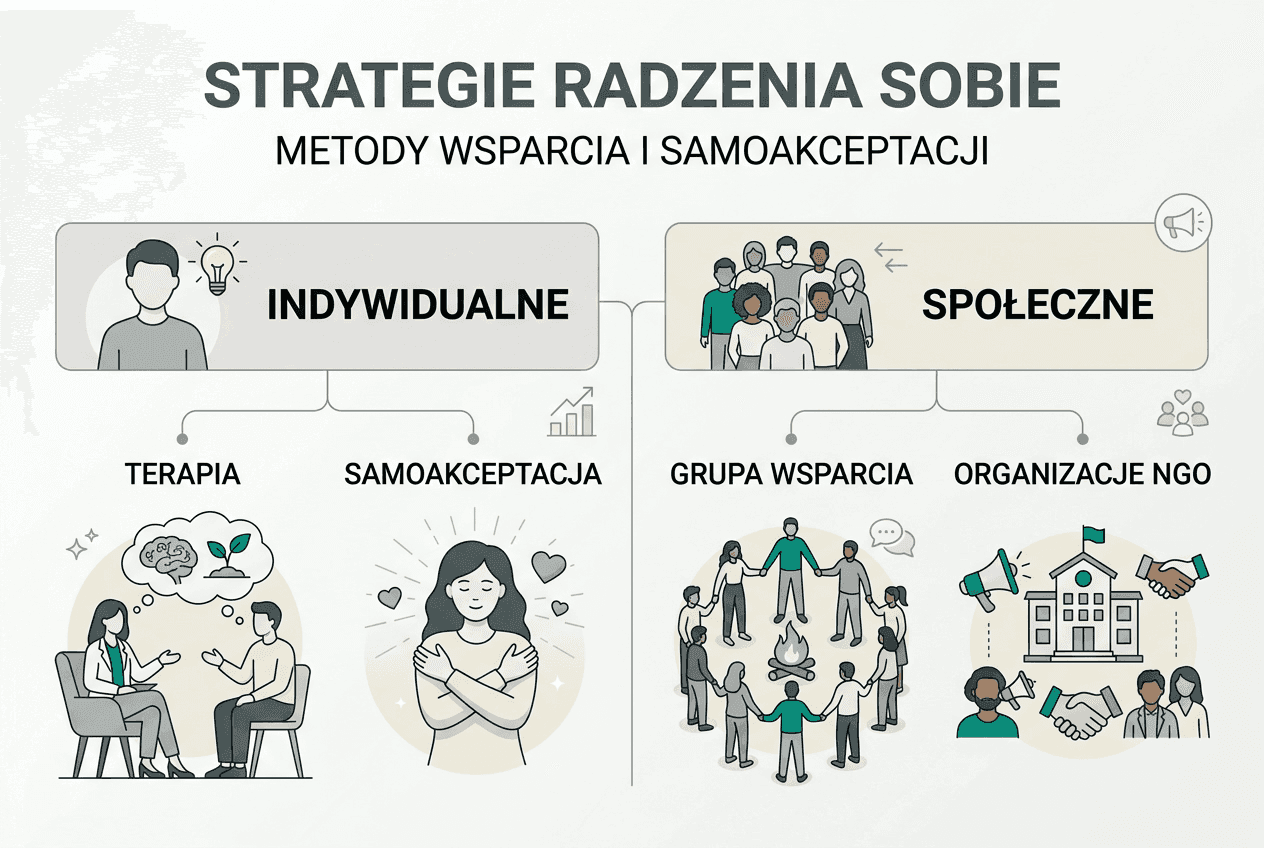 Infografika prezentująca sposoby wspierania innych oraz skuteczne metody radzenia sobie w trudnych sytuacjach.
